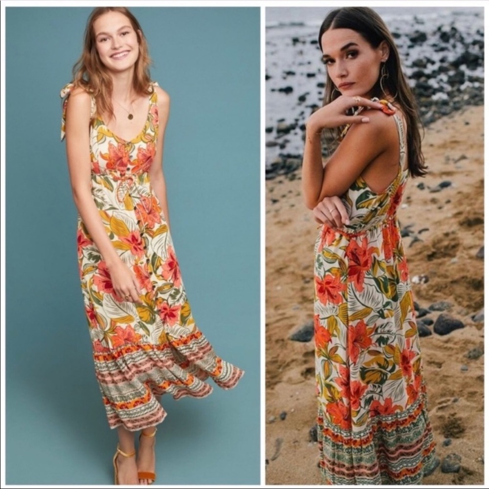 Cleobella Marla Hibiscus Maxi Dress Tropical Floral Tie Sleeves Small